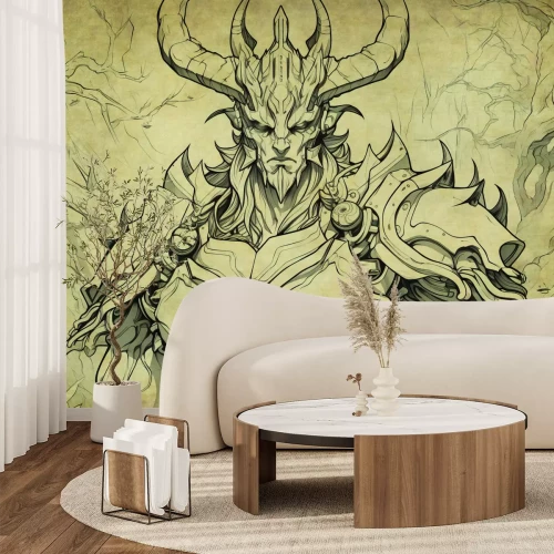 Fotobehang Een tekenfilmdemon in een fantasieharnas op een perkamenten achtergrond.