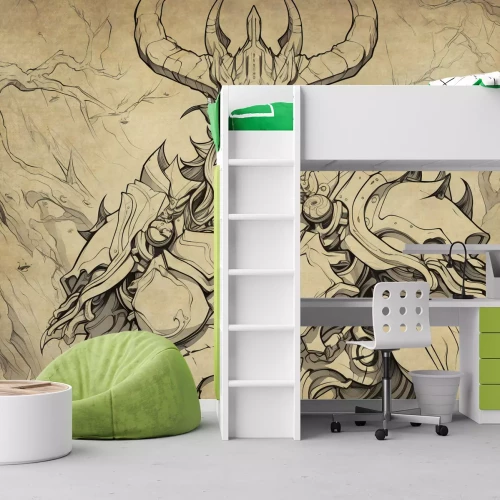 Fotobehang Een tekenfilmdemon in een fantasieharnas op een perkamenten achtergrond.