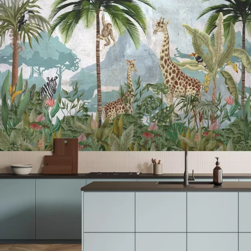 Fotobehang Junglepanorama met dieren op een gestructureerde achtergrond