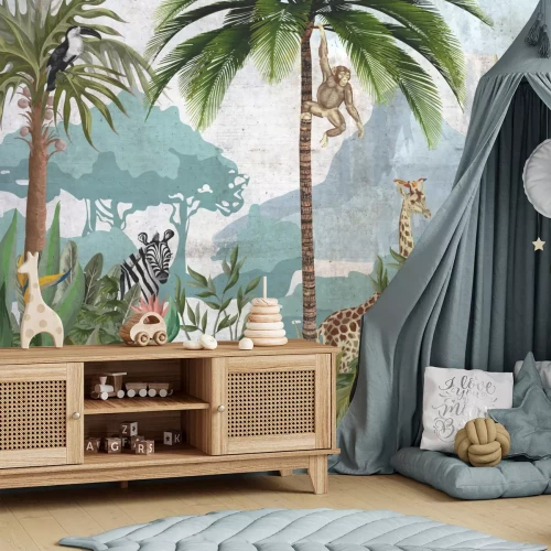 Fotobehang Junglepanorama met dieren op een gestructureerde achtergrond