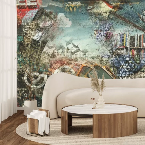 Fotobehang Graffiti op een muur met een New Yorkse taxi