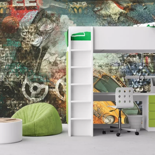 Fotobehang Graffiti op een muur met een New Yorkse taxi