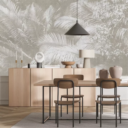 Fotobehang Weerspiegeling van palmbladeren op beige beton