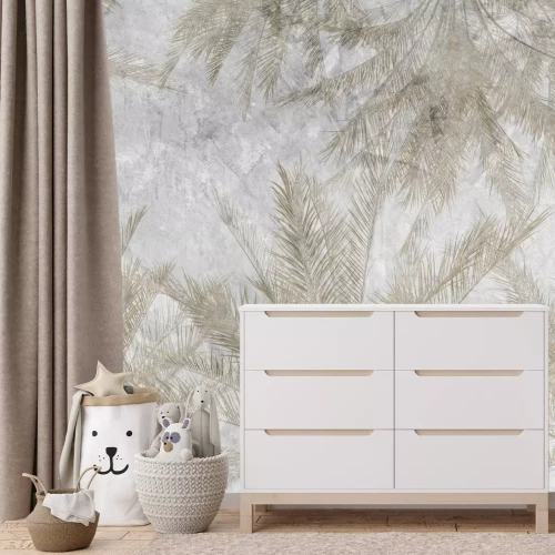 Fotobehang Beige palmbladeren op een grijze betonnen achtergrond