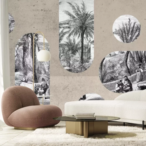 Fotobehang Gravures van palmbomen en plattelandstaferelen tegen een betonnen achtergrond