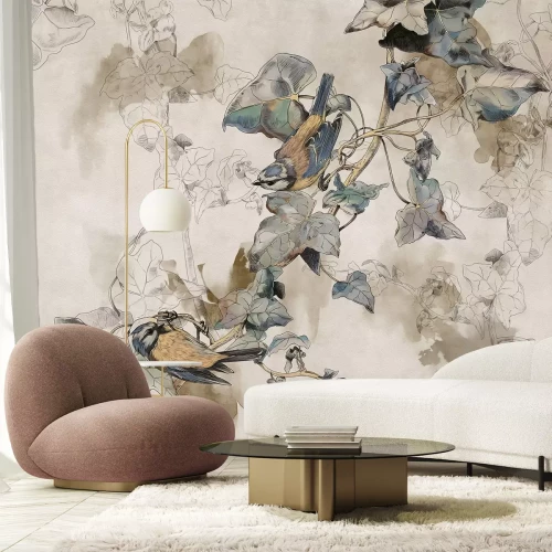 Fotobehang Aquarelvogels en bladeren op een fijn gestructureerde achtergrond