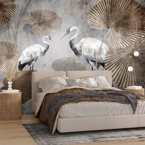 Fotobehang Exotisch patroon met tropische bladeren en witte kraanvogels