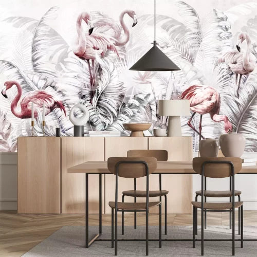 Fotobehang Flamingo&#39;s tussen tropische planten op een witte achtergrond