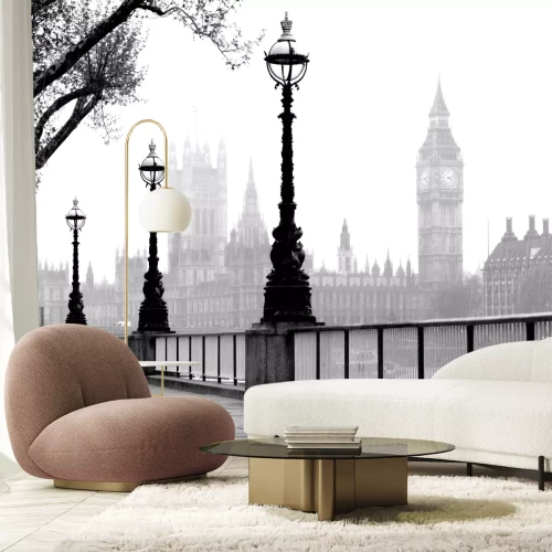 Fotobehang Een blik op de Big Ben in zwart-witstijl
