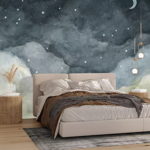 Fotobehang Aquarel nachtelijke hemel met maan