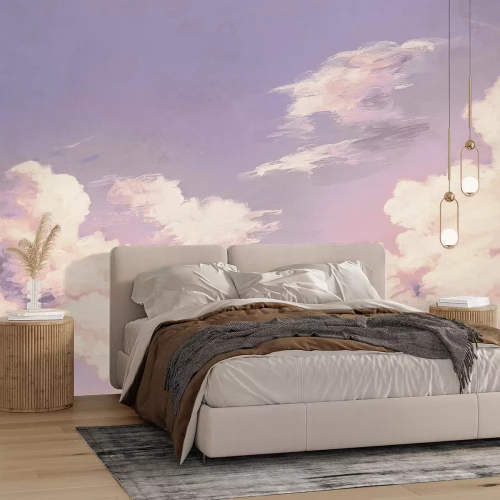 Fotobehang Pastelkleurige lucht met donzige wolken