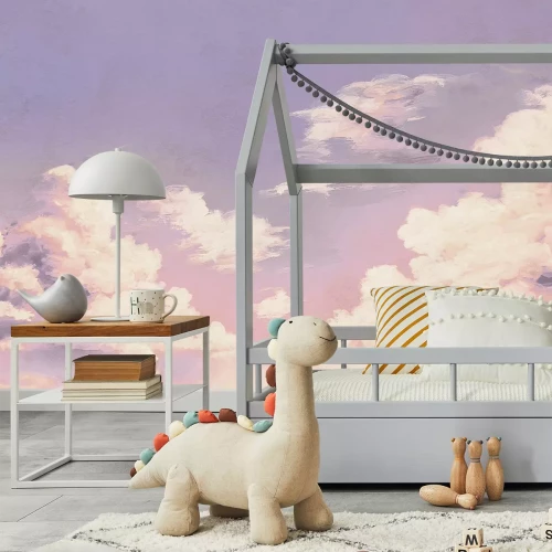 Fotobehang Pastelkleurige lucht met donzige wolken