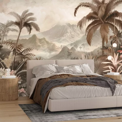 Fotobehang Tropisch landschap met palmbomen en heuvels