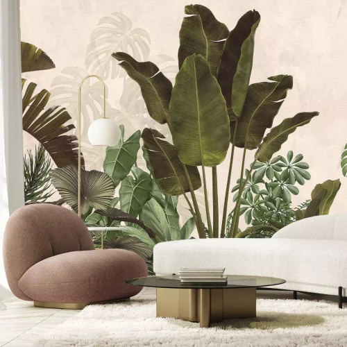 Fotobehang Groene bananen- en monsterabladeren op een lichte achtergrond