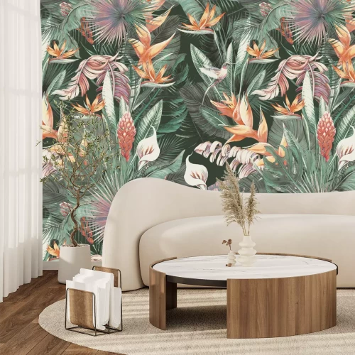 Fotobehang Tropische vegetatie met kolibries in botanische stijl