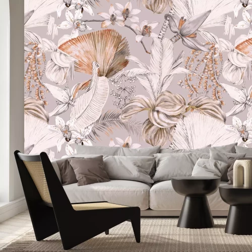 Fotobehang Tropische planten en bloemen op een zachtgrijze achtergrond