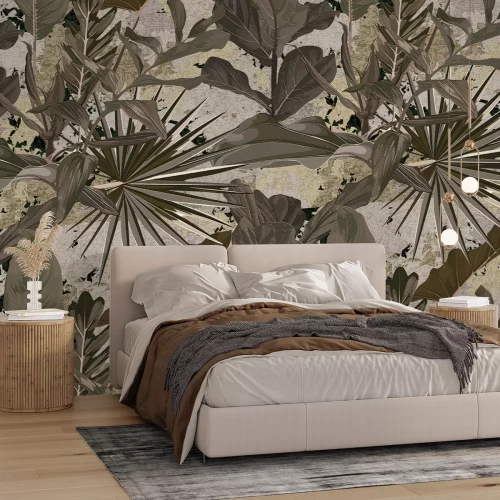 Fotobehang Dichte palmbladeren en planten in donkergroene tinten