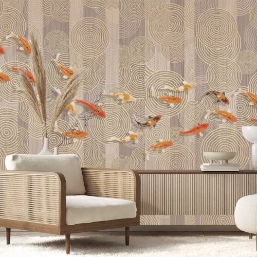 Fotobehang Koi-vissen op geometrische achtergrond in moderne stijl