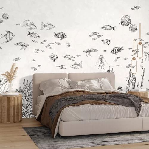 Fotobehang Onderwaterwereld met vissen in minimalistische stijl