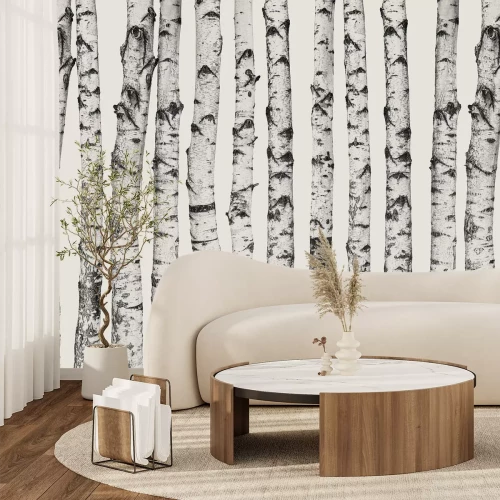 Fotobehang Minimalistisch berkenboompatroon op een lichtbeige achtergrond