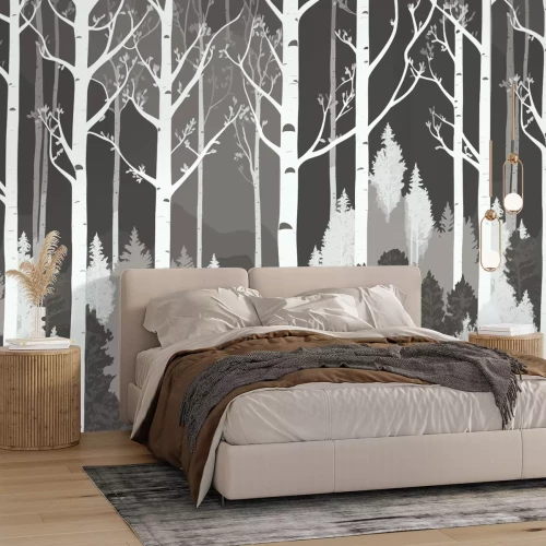 Fotobehang Geïllustreerd berkenbos in grijze kleuren