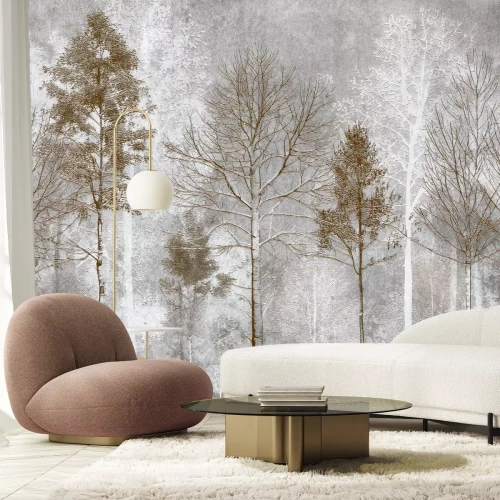 Fotobehang Hoge bomen op een grijze achtergrond met textuur