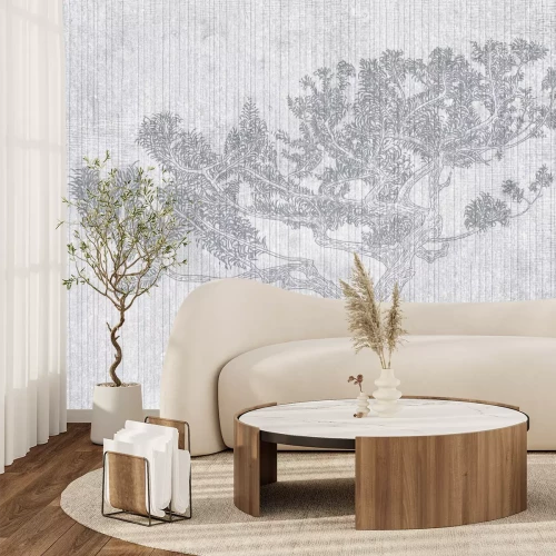 Fotobehang Tekening van een bonsaiboom in grijstinten