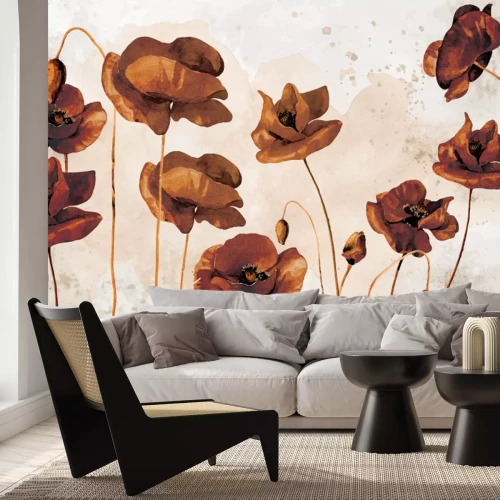 Fotobehang Rode klaprozen op een lichte achtergrond in aquarelstijl