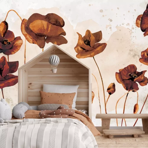 Fotobehang Rode klaprozen op een lichte achtergrond in aquarelstijl