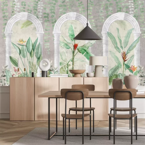 Fotobehang Tropische planten tegen de achtergrond van grijze kolommen