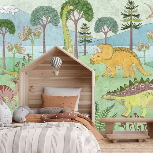 Fotobehang Dinosaurussen tussen de bomen tegen een berglandschap