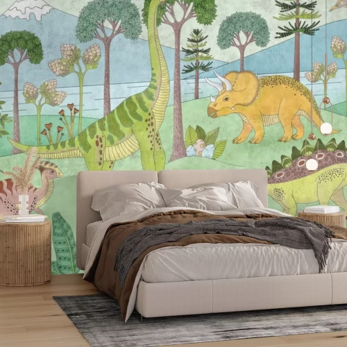 Fotobehang Dinosaurussen tussen de bomen tegen een berglandschap