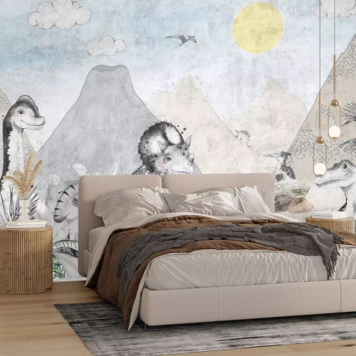 Fotobehang Aquarelwereld van dinosaurussen met vulkanen