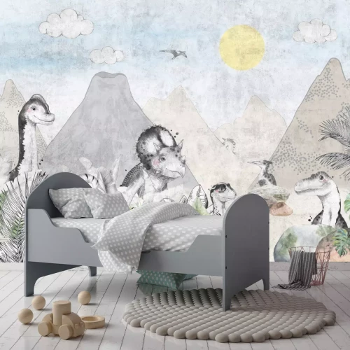 Fotobehang Aquarelwereld van dinosaurussen met vulkanen