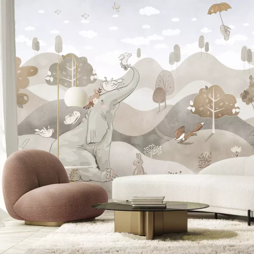 Fotobehang Pastellandschap met een schattige olifant en konijntjes