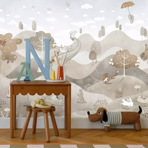 Fotobehang Pastellandschap met een schattige olifant en konijntjes