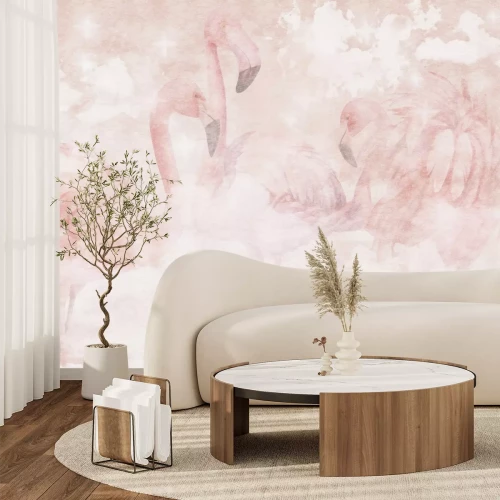 Fotobehang Aquarel flamingo&#39;s tegen een achtergrond van pastelkleurige wolken
