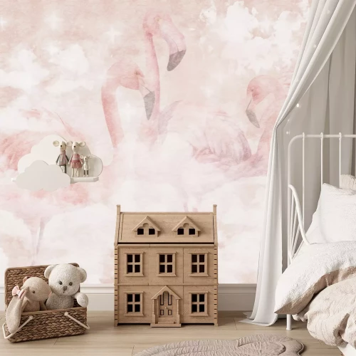 Fotobehang Aquarel flamingo's tegen een achtergrond van pastelkleurige wolken
