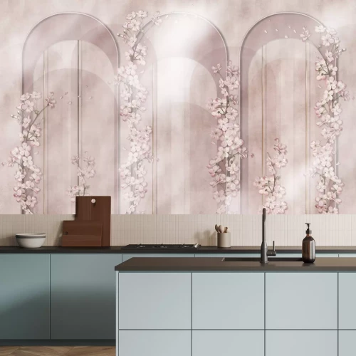 Fotobehang Geometrische bogen en pastelkleurige bloemen in een aquarelcompositie