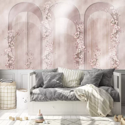 Fotobehang Geometrische bogen en pastelkleurige bloemen in een aquarelcompositie