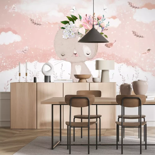 Fotobehang Een kitten met bloemen en vlinders in een weide in aquarelstijl