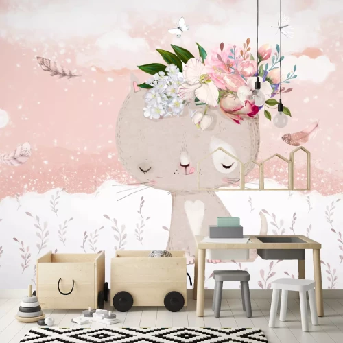 Fotobehang Een kitten met bloemen en vlinders in een weide in aquarelstijl