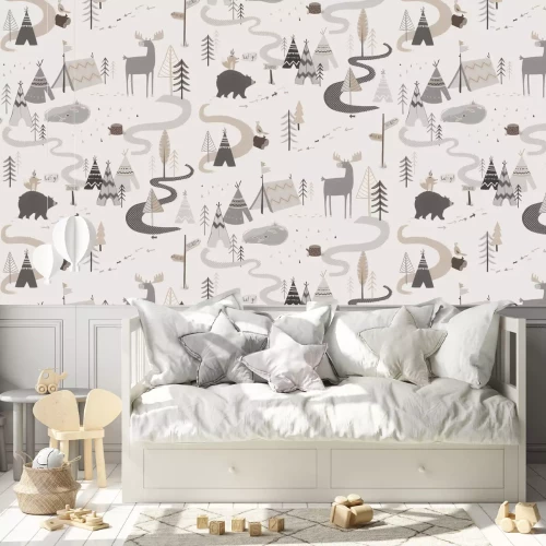 Fotobehang Scandinavisch bos met schattige dieren in natuurlijke kleuren