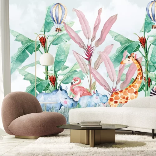 Fotobehang Ballonnen en jungledieren in aquarelstijl