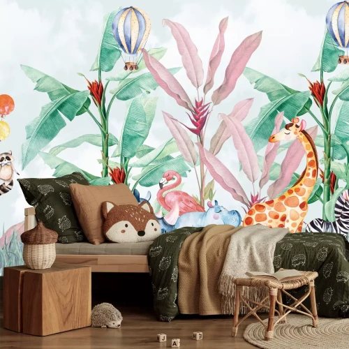 Fotobehang Ballonnen en jungledieren in aquarelstijl