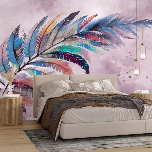 Fotobehang Kleurrijke veer op een aquarelachtergrond