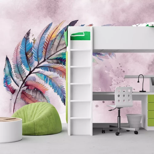 Fotobehang Kleurrijke veer op een aquarelachtergrond