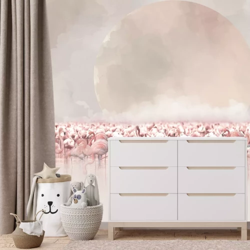 Fotobehang Aquarellandschap met flamingo&#39;s in het water en de maan