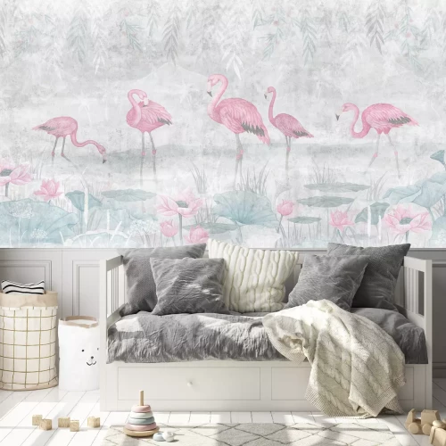 Fotobehang Flamingo's op het water in aquarelstijl met planten