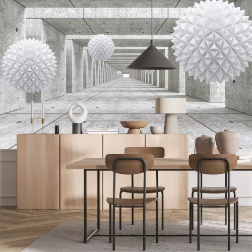 Fotobehang Witte 3D-bollen in een ruwe betonnen tunnel